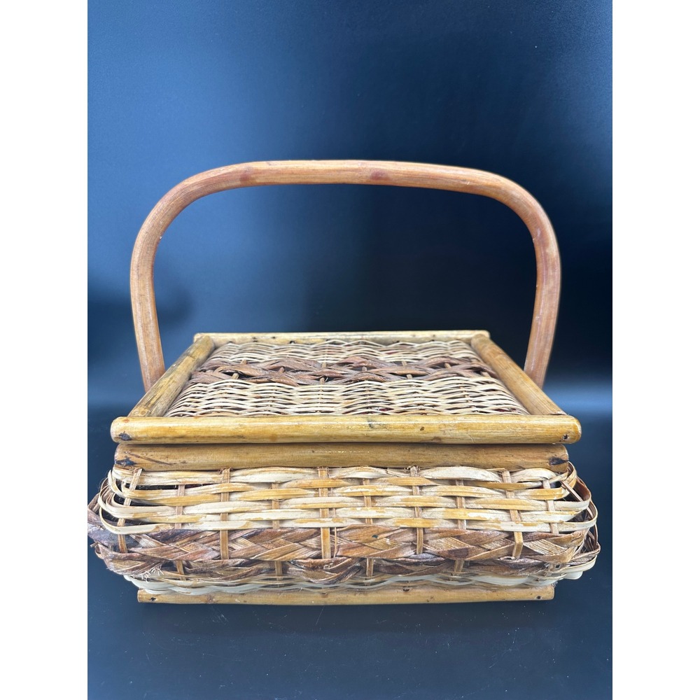 Vintage Wicker‎ Sewing Basket Wood Handle Floral Lined Storage Box Rustic Boho
